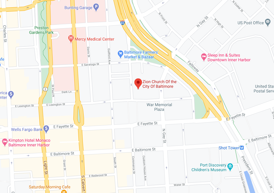 Map showing the location of Zion Church of the City of Baltimore